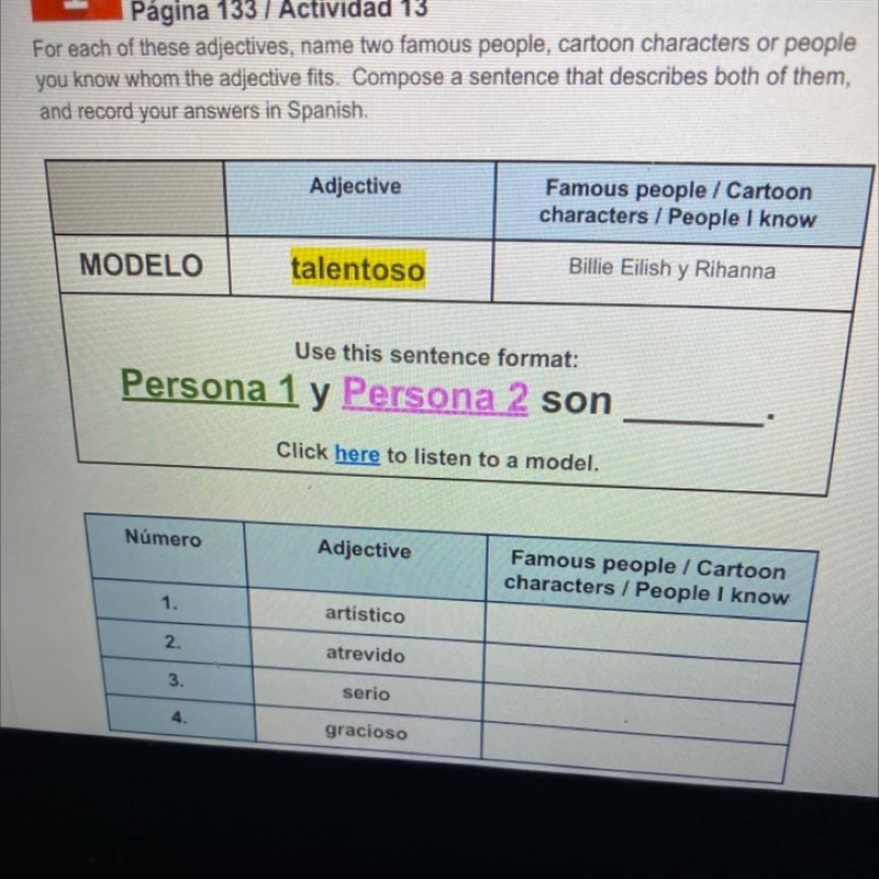 Spanish 1 ; i need help with adjectives-example-1