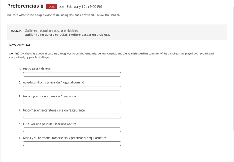 Preferencias Fill in the blanks Activity LATE DUE February 10th 9:00 PM Instructions-example-1