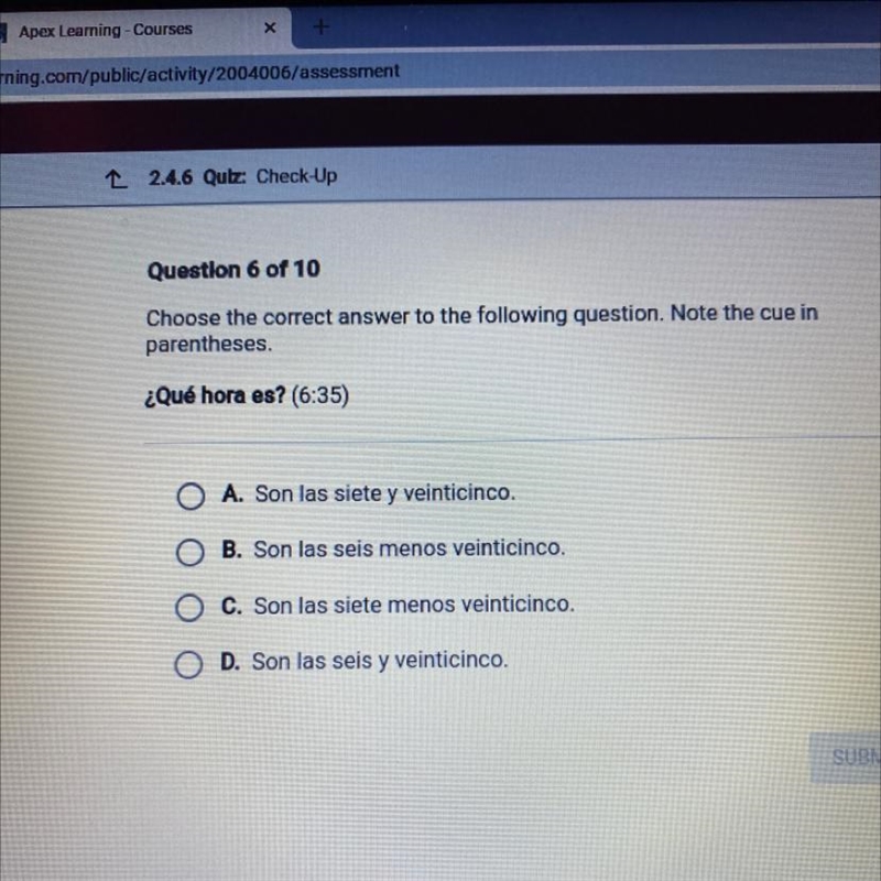 Choose the correct answer to the following question. Note the cue in parentheses. ¿Qu-example-1