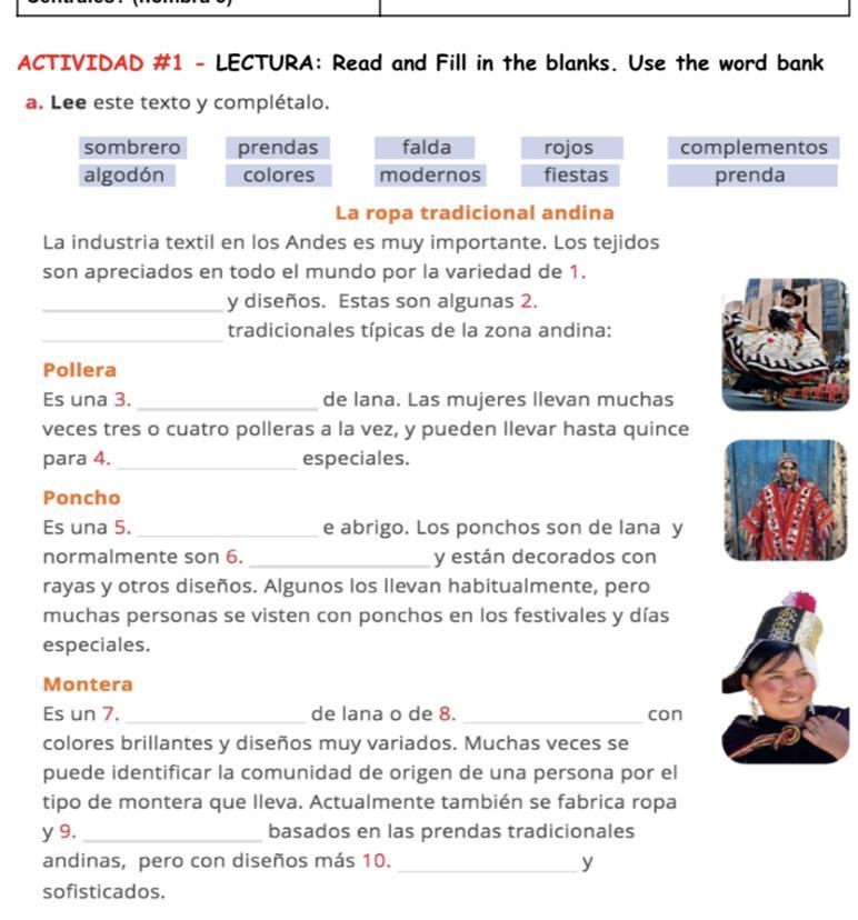 ACTIVIDAD #1 - LECTURA: Read and Fill in the blanks. Use the word bank a. Lee este-example-1