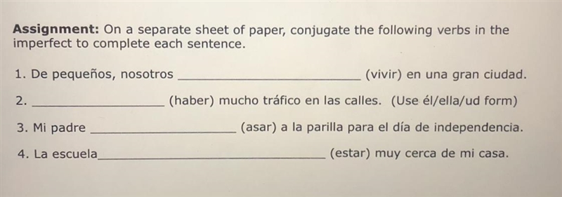 Conjugate the following verbs in the imperfect to complete each sentence.-example-1