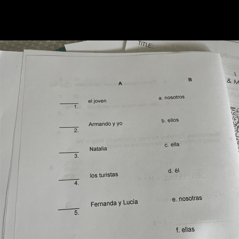 Please help me !!! Directions - Match the nouns in column A to the subject pronouns-example-1