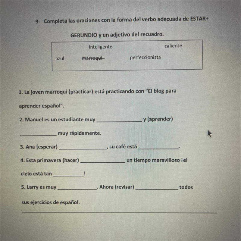 Please help me with this spanish work about gerundio and adjectives-example-1