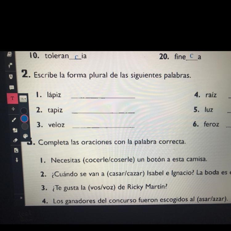 Help!!!! Escribe la forma plural de las siguientes palabras.-example-1