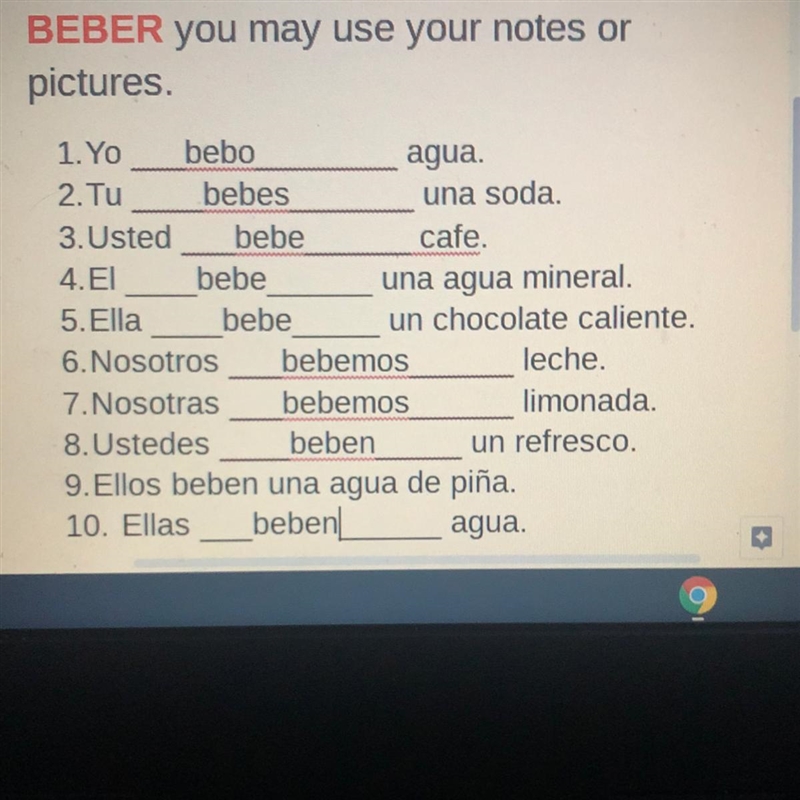 “Please use the proper form of the verb BEBER” , i tried to do it but i just don’t-example-1