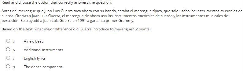 Read and choose the option that correctly answers the question. Antes del merengue-example-1