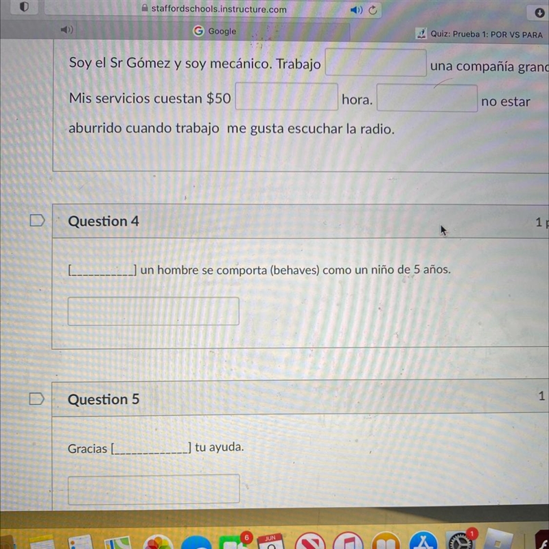 Fill in all five blanks with either por or para. please be correct.-example-1