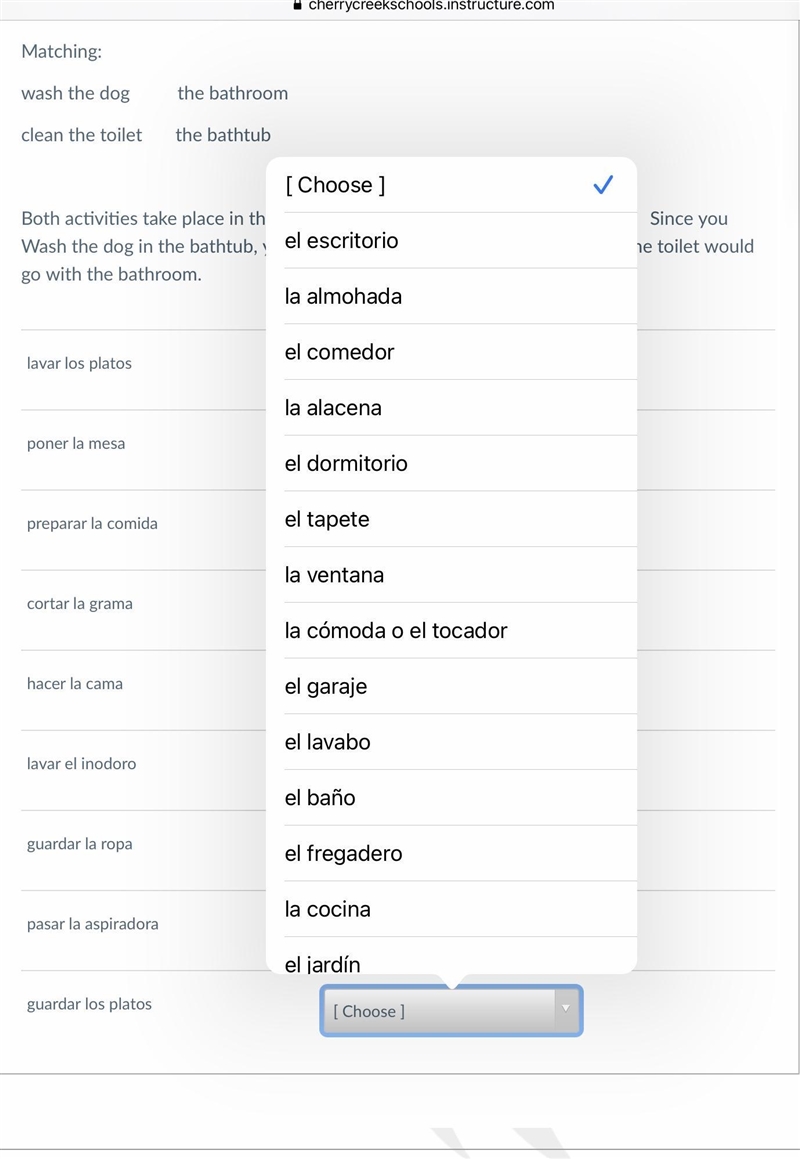 I need help with Spanish to match the words with the words in the drop down box-example-1