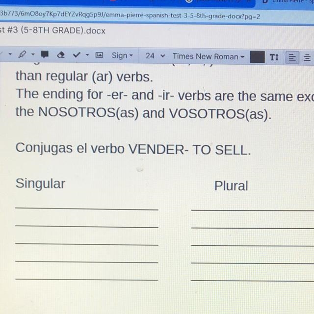 Conjugas el verbo VENDER- TO SELL. Singular Plural-example-1