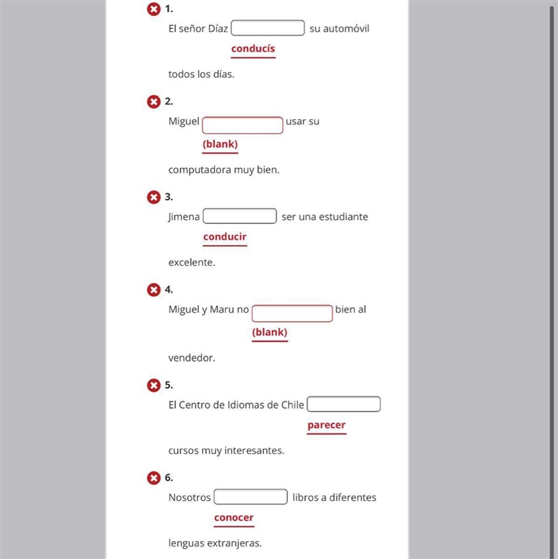 Spanish- fill in the blanks with the past tense verbs of conducir and traducir. Please-example-1