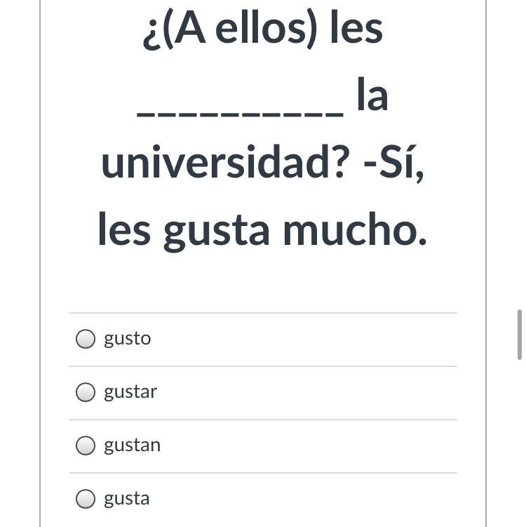 Verbo gustar. Fill out the blank by selecting the correct answer from the multiple-example-1