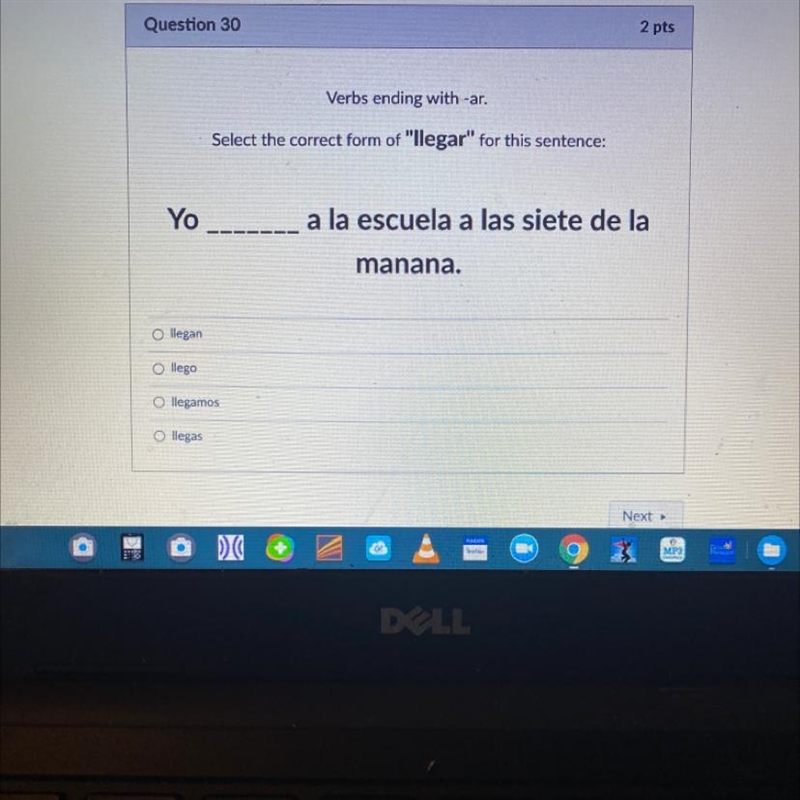 Verbs ending with -ar. Select the correct form of "llegar" for this sentence-example-1