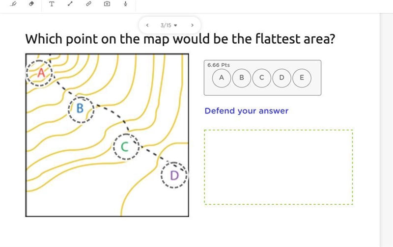 Which point on the map would be the flattest area? A B C D-example-1