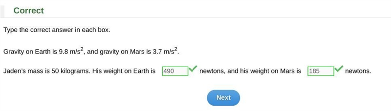 Gravity on Earth is 9.8 m/s2, and gravity on Mars is 3.7 m/s2. Jaden’s mass is 50 kilograms-example-1