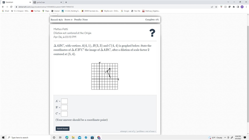 ΔABC, with vertices A(4,1), B(3,3) and C(4,4) is graphed below. State the coordinates-example-1