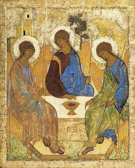 A painting of three figures sitting around a table. Each person has an elongated body-example-1