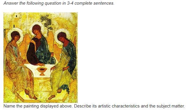 A painting of three figures sitting around a table. Each person has an elongated body-example-2