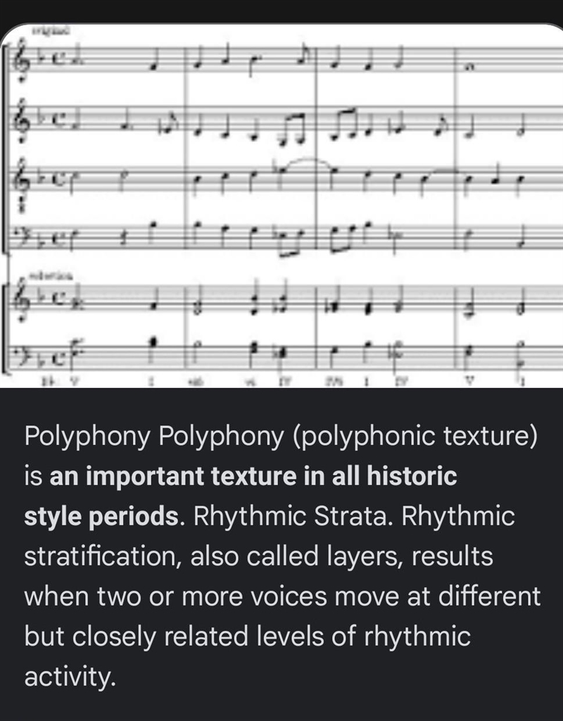 Polyphonic texture is one musical line or melody moving together two or more musical-example-1