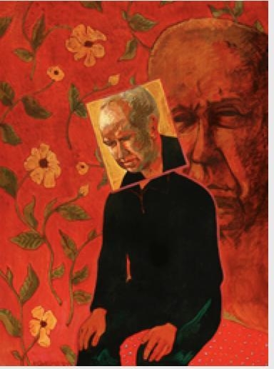 Which type of balance does Newcomb use in his painting Self-Portrait? Asymmetrical-example-1