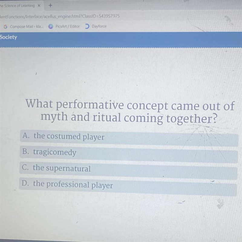 What performative concept came out of myth and ritual coming together? A. the costumed-example-1