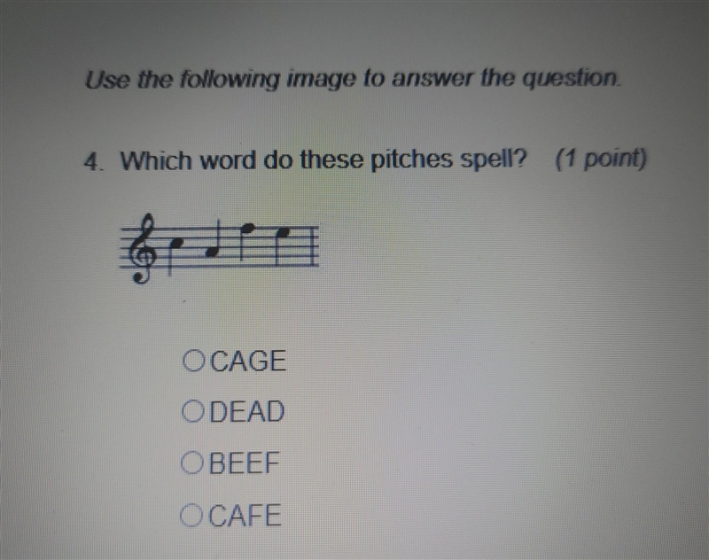 Which word do these pitches spell 1: CAGE 2:DEAD 3:BEEF 4:CAFE PLEASE HELP​-example-1