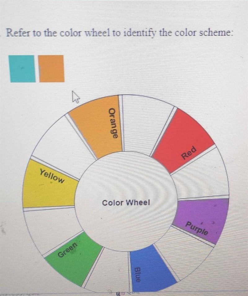 Please help help me ASAP refer to the color wheel to identify the color scheme​-example-1