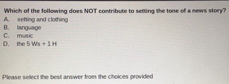 Which of the following does NOT contribute to setting the tone of a news story? A-example-1