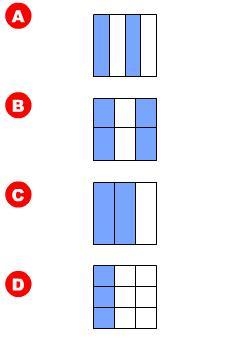 Which shapes show equivalent fractions? A.shapes A and B B.shapes A and C C.shapes-example-1