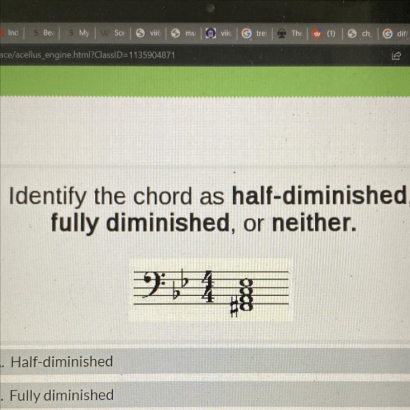 Identify the chord as half-diminished, fully diminished, or neither.-example-1