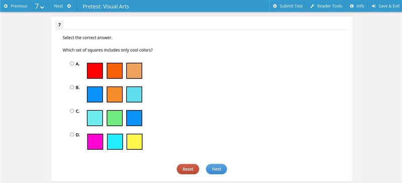 Select the correct answer. Which set of squares includes only cool colors?-example-1