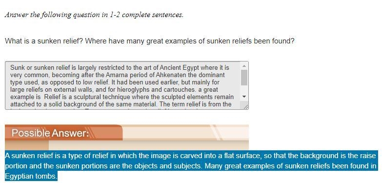 Answer the following question in 1-2 complete sentences. What is a sunken relief? Where-example-1