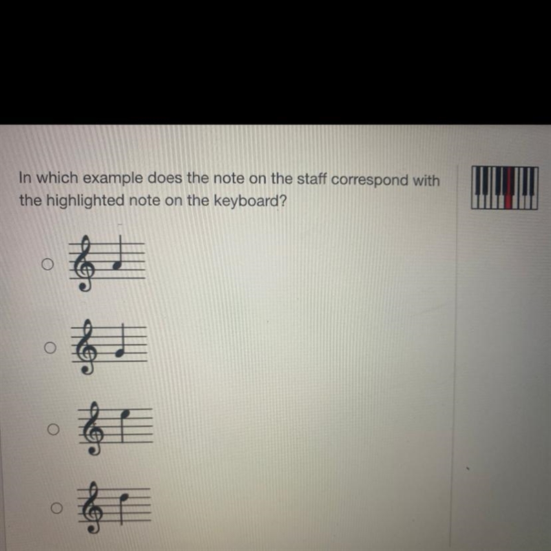 Does the note on the staff correspond with the highlighted note on the keyboard?-example-1