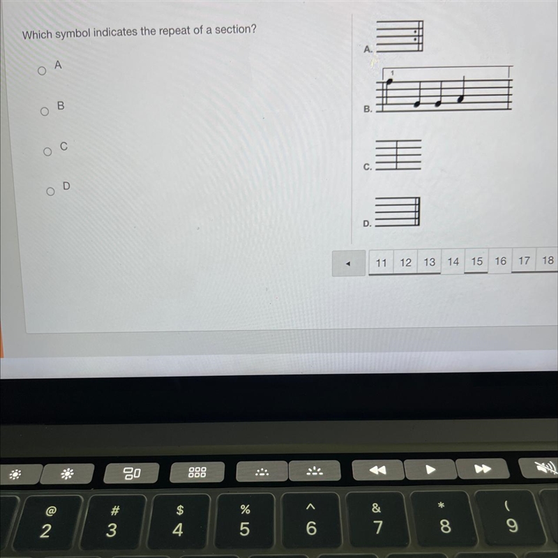 Which symbol indicates the repeat of a section? A B C D-example-1