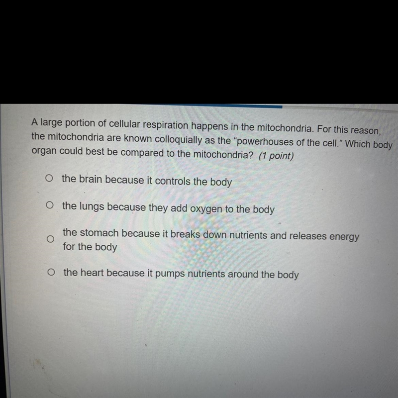 A large portion of cellular respiration happens in the mithocondria. For this reason-example-1