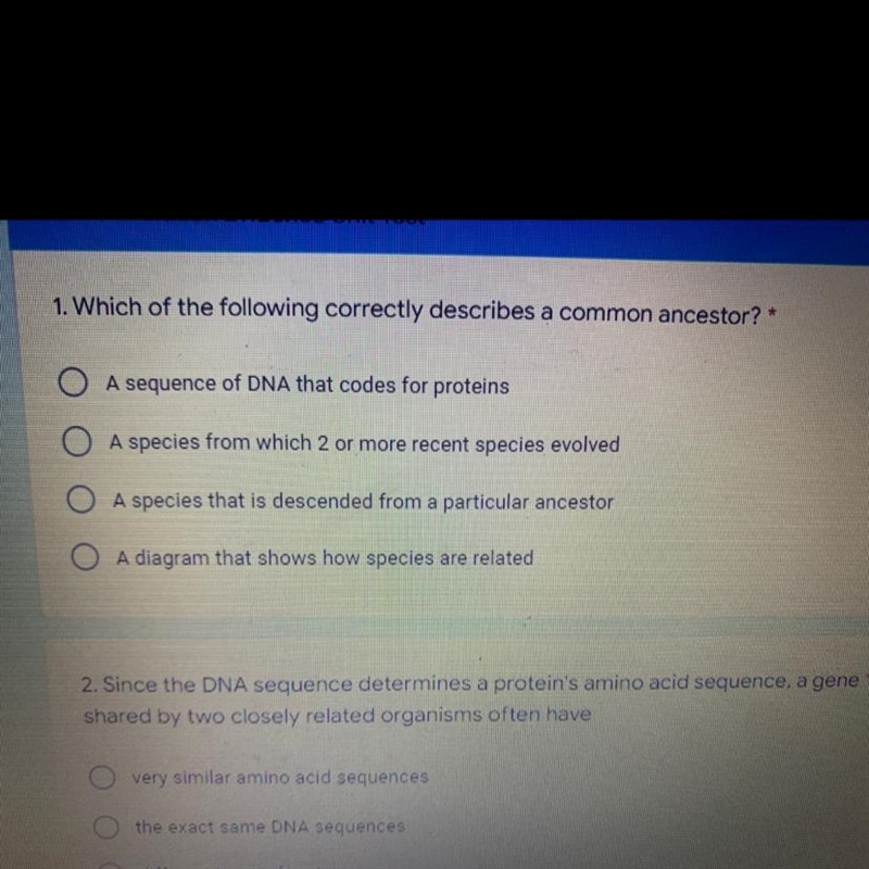 Which of the following correctly describes a common ancestor?A) A sequence of DNA-example-1