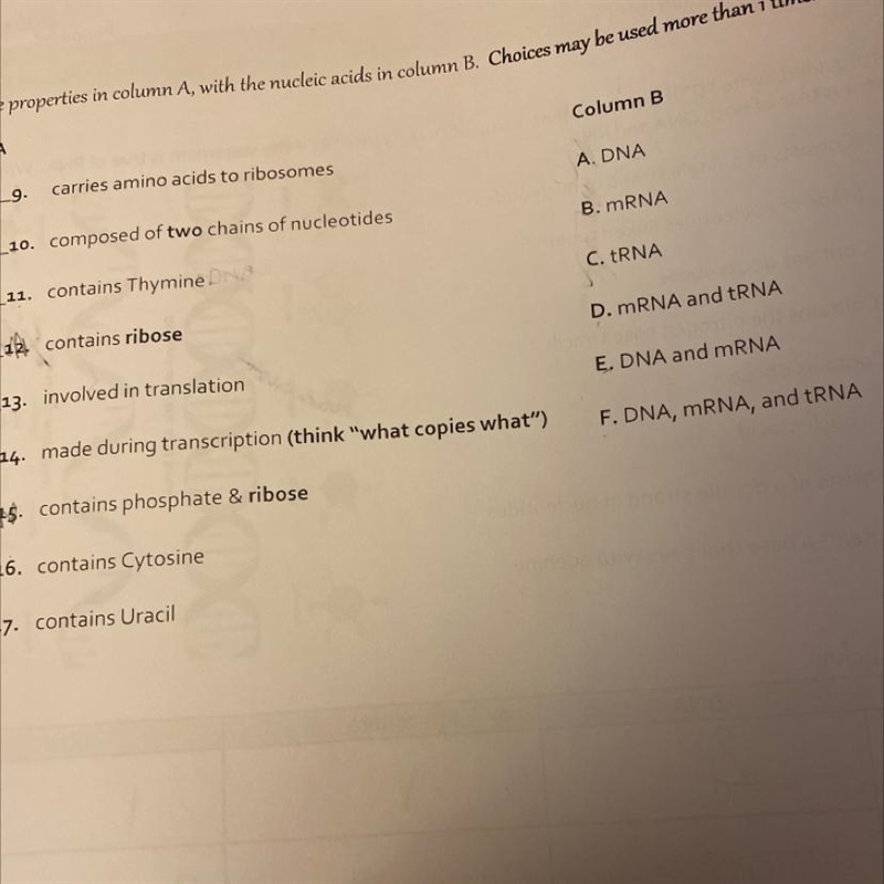 Match the properties in column A, with the nucleic acids in column B. Choices may-example-1