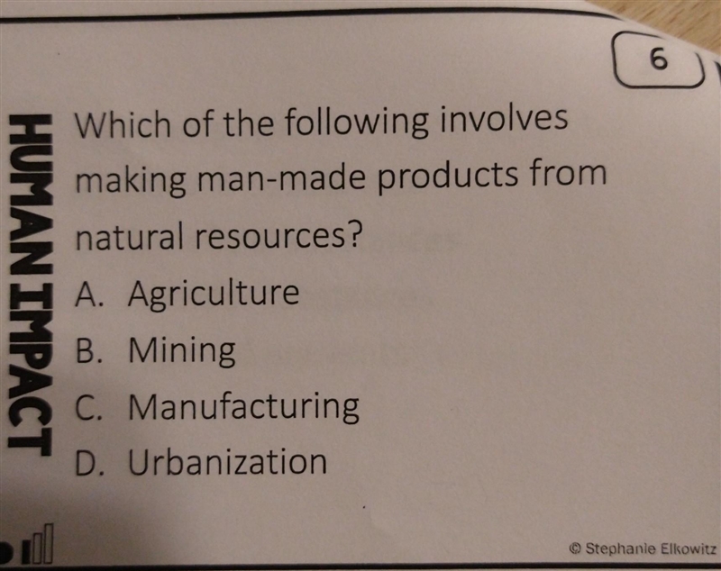 Which of the following involves making man-made products from natural resources? A-example-1