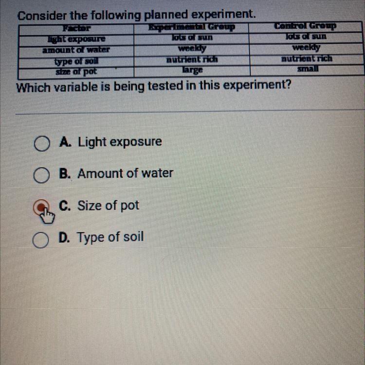 Consider the following planned experiment.Which variable is being tested in this experiment-example-1