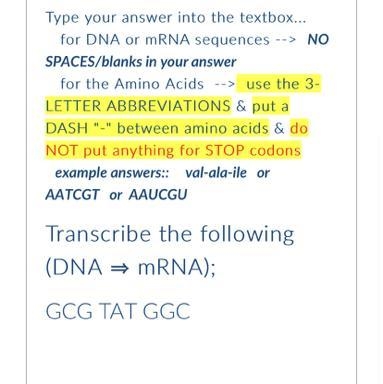 Transcribe the following (DNA ⇒ mRNA); GCG TAT GGC-example-1