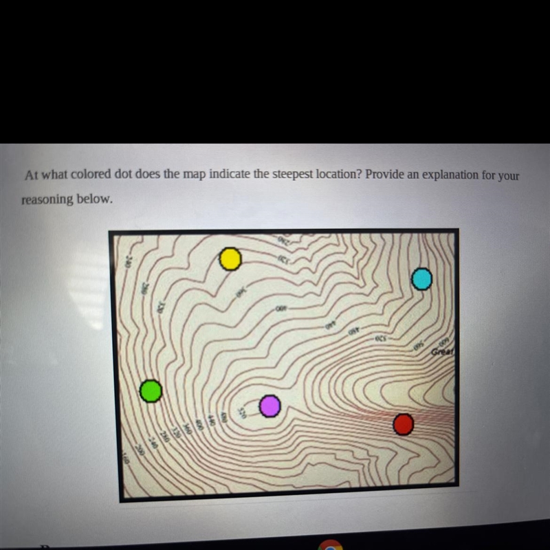 At what colored dot does the map indicate the steepest location? Provide an explanation-example-1