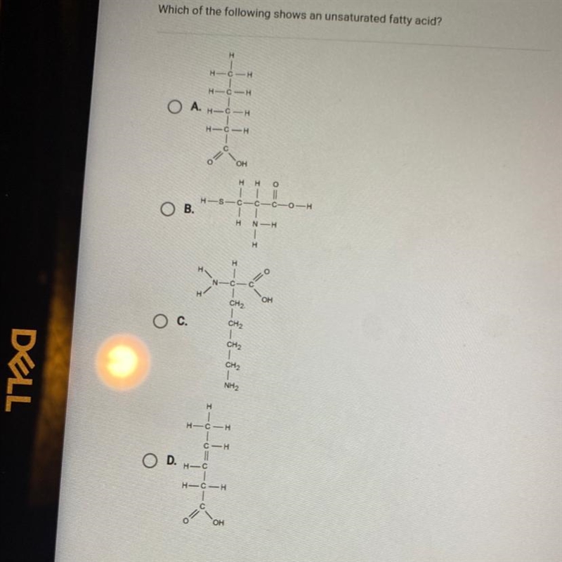 Which of the following shows an unsaturated fatty acid?H-CHH-CHA.H-CHHC-HOGOHΗ Η Ο-C-example-1