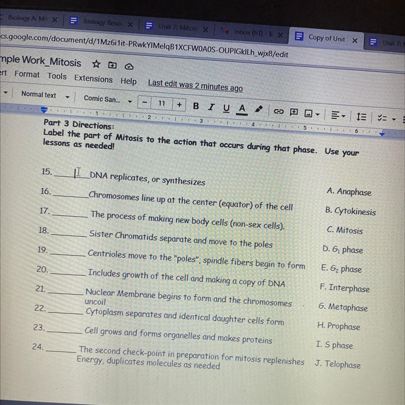 Label the part of mitosis to the action that occurs during that phase.-example-1