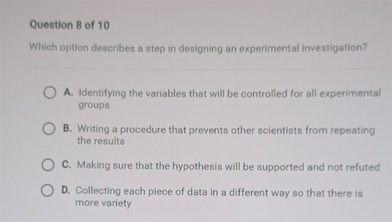 Which option describes a step in designing an experimental investigation? O A. Identifying-example-1