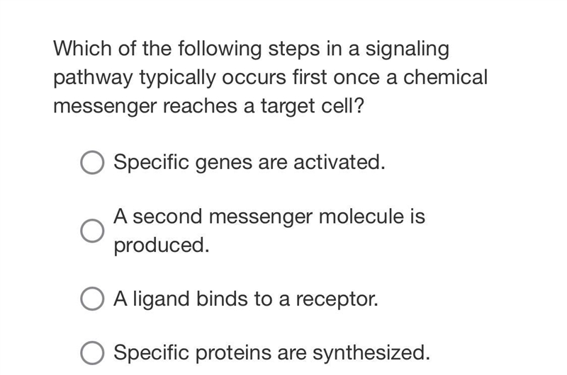 Which of the following steps in a signaling pathway typically occurs first once a-example-1