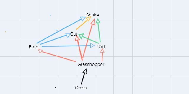 Create a food web for the following organisms: grass, bird, grasshopper, frog, cat-example-1