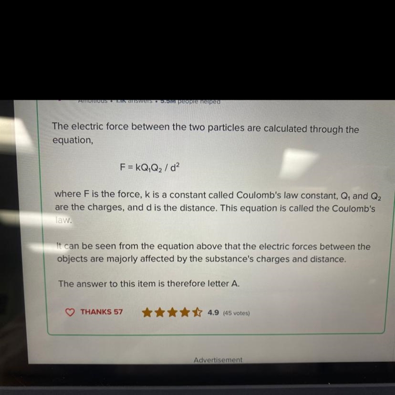 The magnitude of the electric force between two particles depends on which factors-example-1