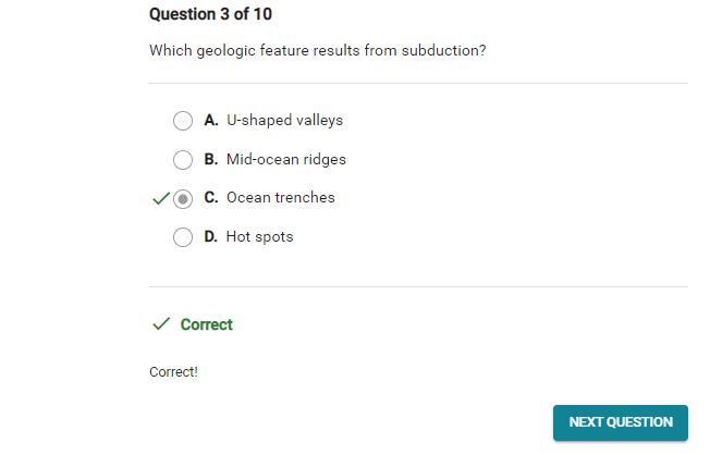 Which geologic feature results from subduction? O A. Ocean trenches O B. Hot spots-example-1