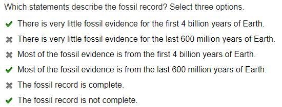 Which statements describe the fossil record? Select three options. There is very little-example-1