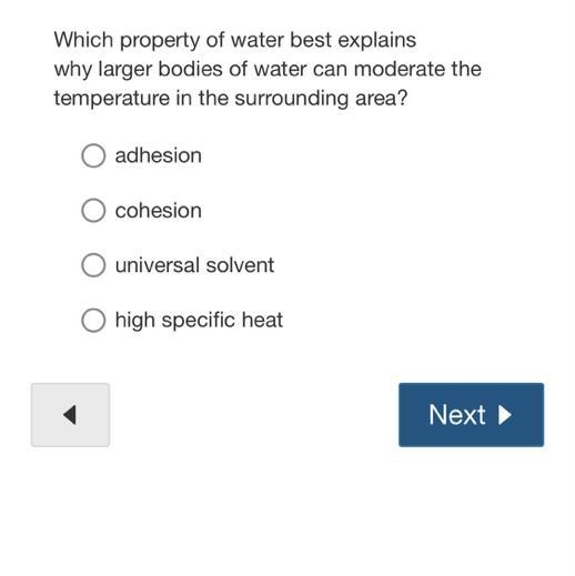 Which property of water best explains why larger bodies of water can moderate the-example-1