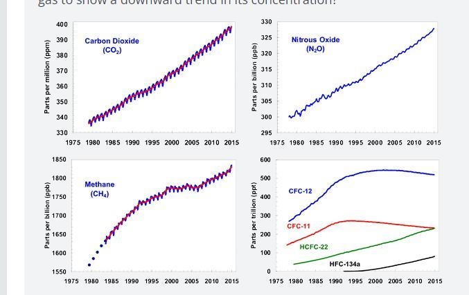 These graphs show a change in four types of greenhouse gases from 1975 to 2015. Based-example-1